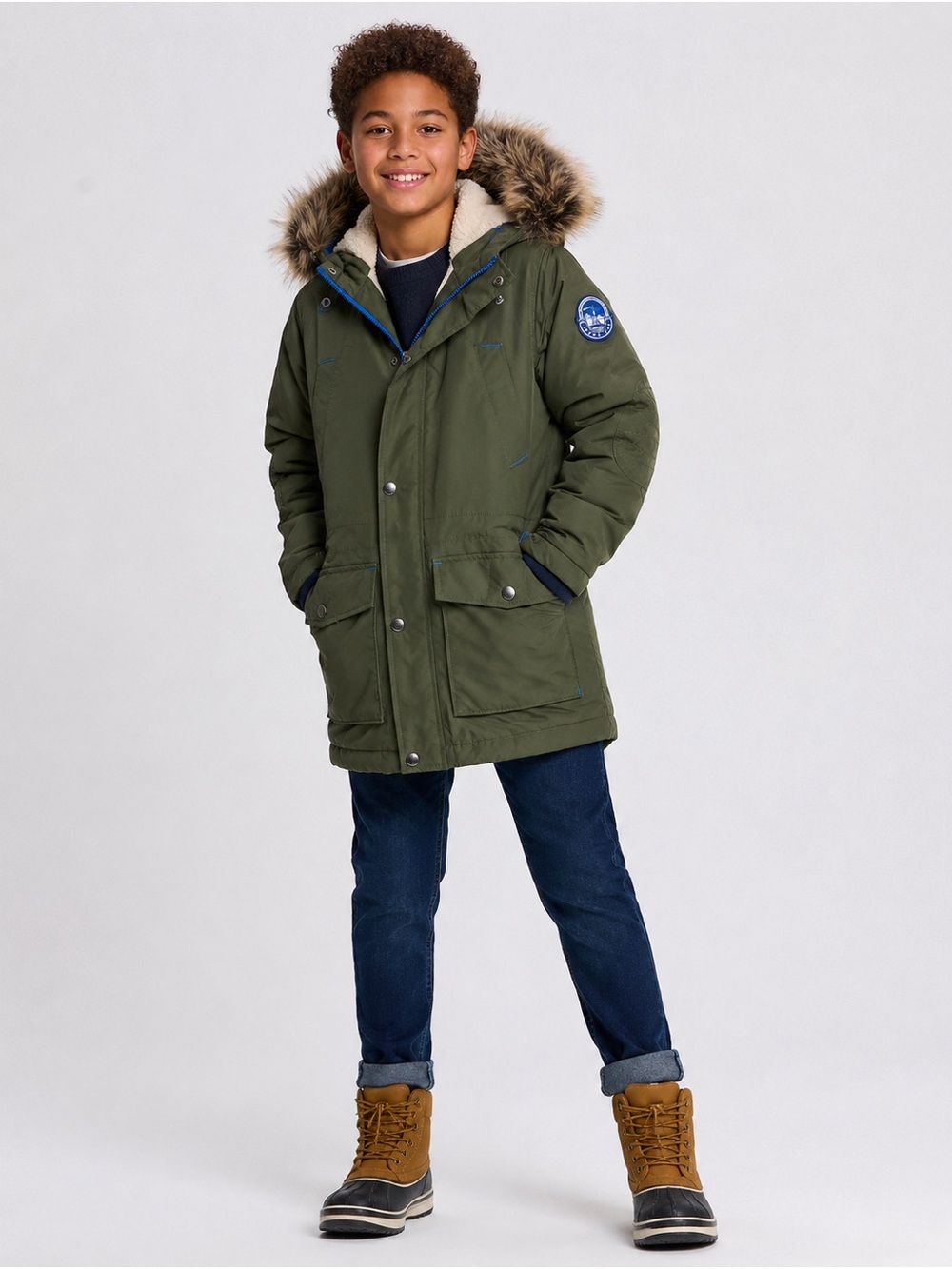 Lands' End Expedition Faux Fur Trim Hooded Green Coat Jackets Parka Size Large